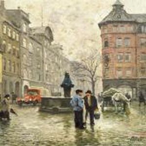 View Of The Fountain With The Lion Heads At Vandkunsten Incopenhagen by Paul-Gustave Fischer