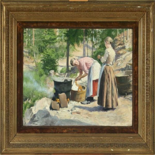 Forest Scenery With Two Young Women Washing Clothes - view 1