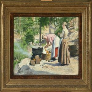 Forest Scenery With Two Young Women Washing Clothes