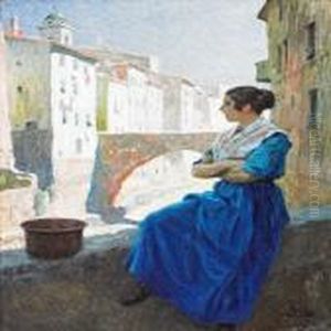 A Young Italien Woman Sitting At A Brigde, San Remo