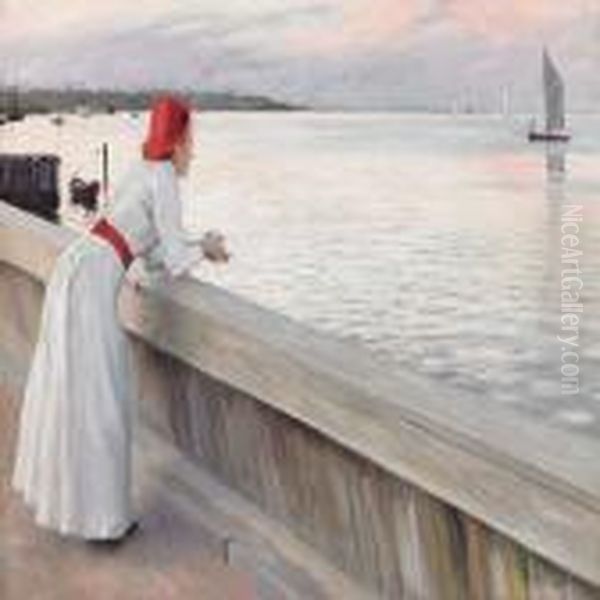 A Young Woman Watchingthe Sea In The Evening Sun - view 1