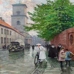 Elegant Young Lady With Her Bicyle, Two Nuns And Two Little Girls by Paul-Gustave Fischer