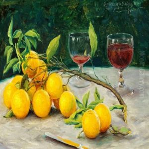 Still Life With Oranges On A Twig, A Knife And Two Glasses Of Red Wine On A Table by Paul-Gustave Fischer