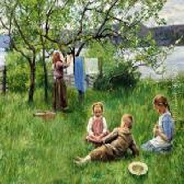 Three Children Playing In A Garden On A Summer's Day Hvidsten The Oslo Fiord - view 1
