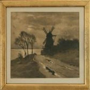 Moonligt Landscape With An Old Mill by Paul-Gustave Fischer