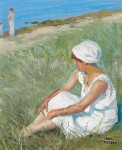 Beach Scenery With Young Girl. Signed Paul Fischer by Paul-Gustave Fischer