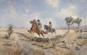 Mexican Gauchos Crossing A Plain; And Gauchos Resting By A River by Paul-Gustave Fischer