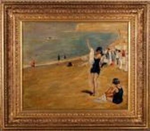 An Early 20th Century Beach Scene With Bathers Andspectators by Paul-Gustave Fischer