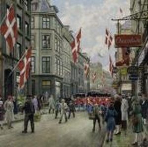 Danish Royal Guards March In Their Full Dress Uniform by Paul-Gustave Fischer
