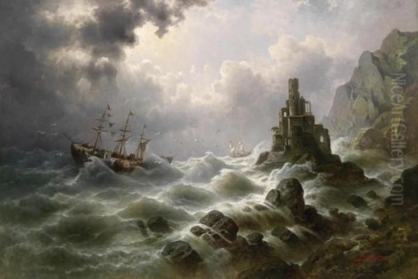 Stormy Sea With Lighthouse On The Coast - view 1