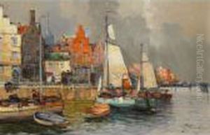 Busy Port With Fishing Boats And Villagers by Georg Fischof
