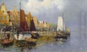 Fischerboote Am Kai Vor Alten Hausern by Georg Fischof