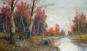 Figures In An Autumnal Landscape by Georg Fischof