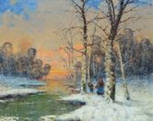 Winterliche Abendstimmung Am Flus by Georg Fischof
