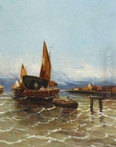 Fishing Boats In A Harbour by Georg Fischof