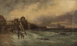 Abendstimmung An Der Kuste Mit Fischerdorf by Georg Fischof