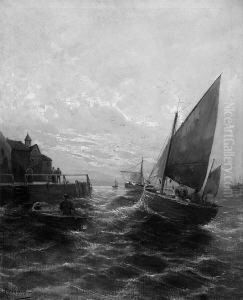"fischerboote Vor Dem Hafen". Sign. Ol Auf Lwd. 69 X 55,5 Cm. Rahmen