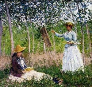 In The Woods At Giverny - BlancheHoschede Monet At Her Easel With Suzanne Hoschede Reading