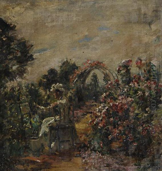 A Woman Painting In A Garden - view 1