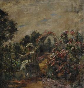 A Woman Painting In A Garden by William Mark Fisher