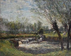 A Weir With Cattle Grazing Beyond by William Mark Fisher