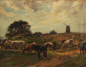 Cattle Grazingin A Landscape, A Windmill Beyond by William Mark Fisher