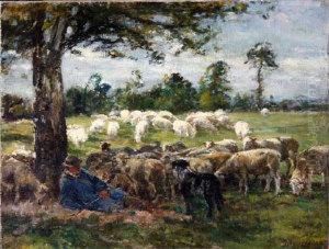 A Shepherd And His Dog Tending A Flock Of Sheep by William Mark Fisher