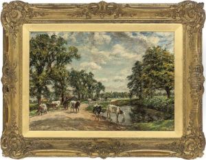 Cattle Watering In A Summer Landscape by William Mark Fisher