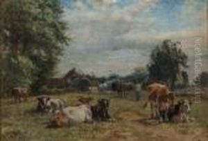 A Pastoral Landscape With Cattle And Trees In Front Of Farmbuildings