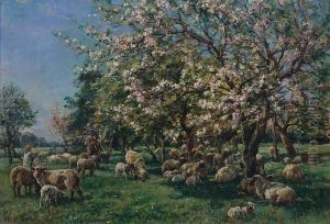 Drover With Sheep Resting Under Apple Blossom
