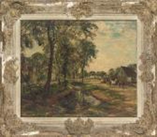Horses Beside A Farmyard Stream - view 1