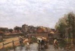 Cattle Watering In A Village Pond. by William Mark Fisher