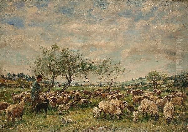 A Shepherd And His Flock In A Summer Meadow - view 1