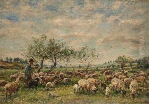 A Shepherd And His Flock In A Summer Meadow by William Mark Fisher