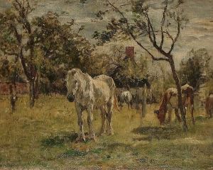 Horses And Cattle In An Orchard by William Mark Fisher