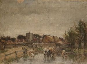 Cattle Watering In A Village Pond by William Mark Fisher