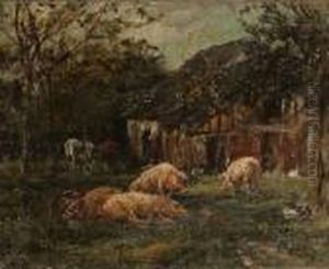 Pigs And Chickens By A Barn by William Mark Fisher