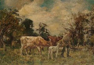 A Cow And Calf Following A Figure Carrying Hay by William Mark Fisher