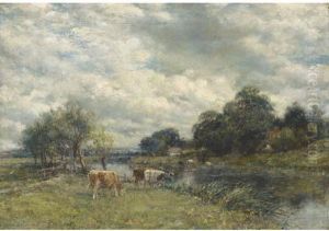 Cattle Watering In A River Landscape by William Mark Fisher