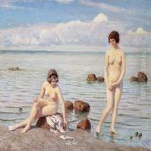Summer Day On The Beach With Two Young Girls by Paul-Gustave Fischer