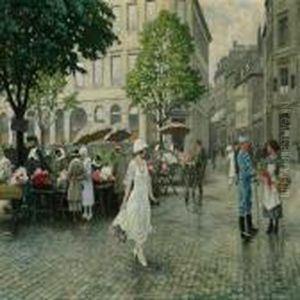 Spring Day With Women Selling Flowers At Hojbro Plads by Paul-Gustave Fischer