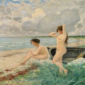 Two Young Bathing Girlson Hornbaek Beach by Paul-Gustave Fischer