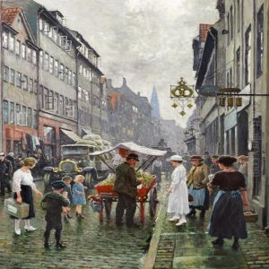 View Of Borgergade In Copenhagen With People Buying Apples From Salesman With A Red Cart by Paul-Gustave Fischer