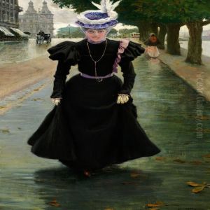 Elegant Young Lady In A Black Dress And Hat With Feathers by Paul-Gustave Fischer