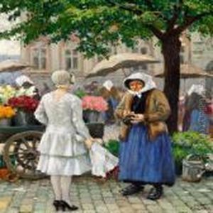 A Young Woman At The Market 1n Hojbro Plads In Copenhagen by Paul-Gustave Fischer