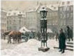Snekastere Ud For Domhuset Pa Nytorv (a Snow Shower Outside Domhuset, Copenhagen) by Paul-Gustave Fischer
