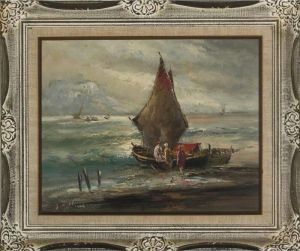 Figures On A Beach Boarding Boats by Carlo Follini