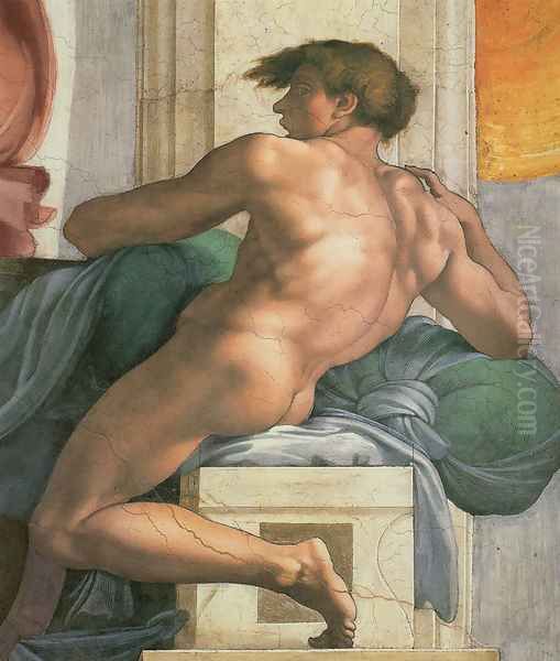 Ceiling of the Sistine Chapel: Ignudi, next to Separation of Land and the Persian Sybil [right] - view 1