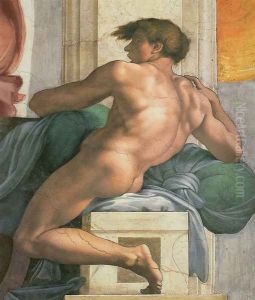 Ceiling of the Sistine Chapel: Ignudi, next to Separation of Land and the Persian Sybil [right] by Michelangelo Buonarroti