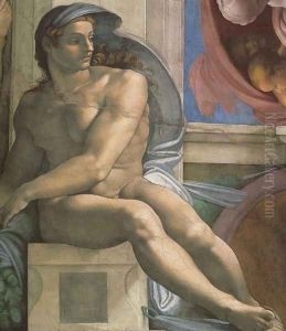Ceiling of the Sistine Chapel: Ignudi, next to Separation of Land and the Persian Sybil [left] by Michelangelo Buonarroti